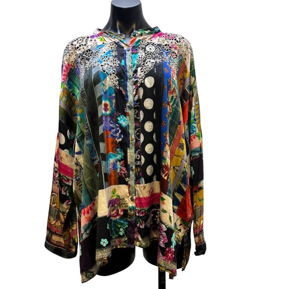 Johnny Was Silk Embroidered Blouse Multicolor Button-Down XL - Picture 1 of 7